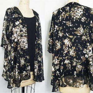 Misia Womens Black Stretch Top with Floral Chiffon Overlay Blouse Gold NWT XL
